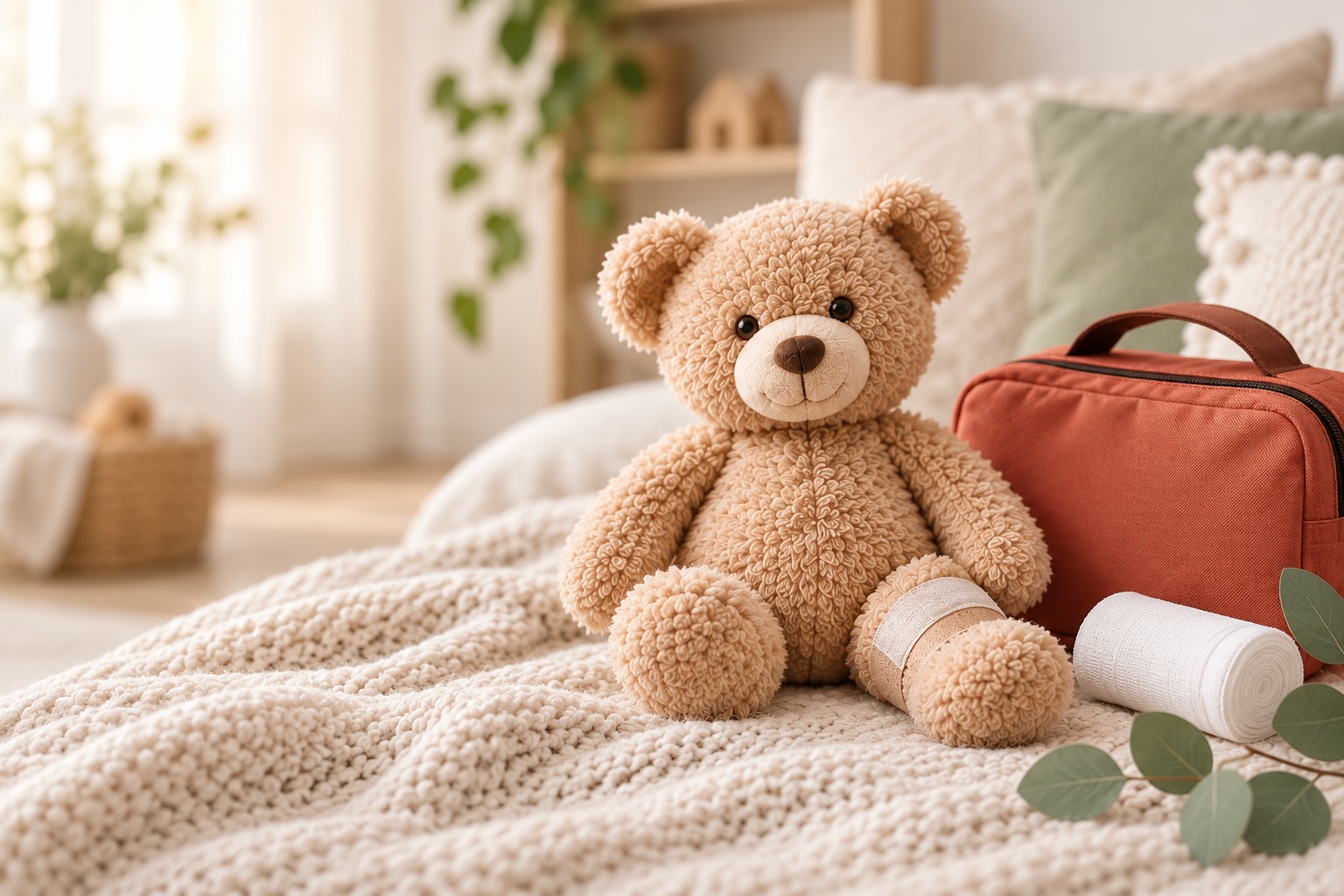 Teddybär mit Verband neben einer Erste-Hilfe-Tasche